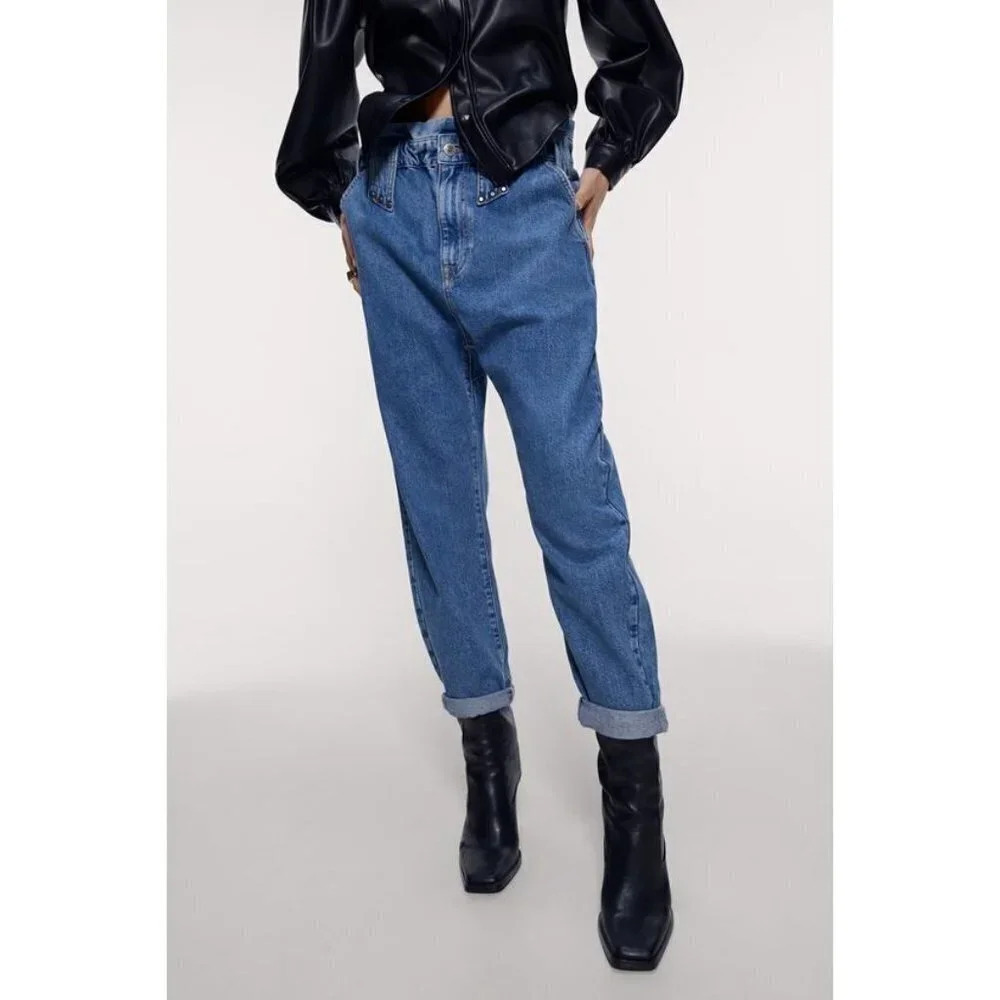 Zara Paperbag Studded Denim Jeans